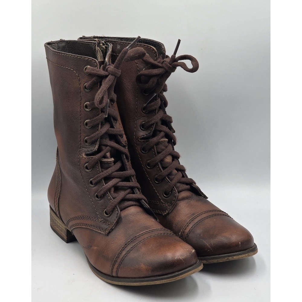 Steve Madden Troopa Women's 8.5 Brown Leather Combat Boots Lace Up Side Zip